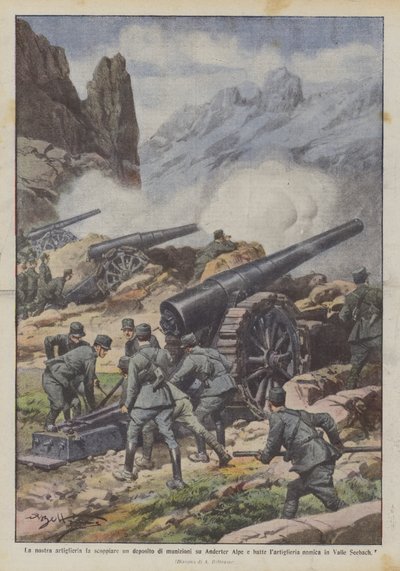 Unsere Artillerie sprengt ein Munitionsdepot auf der Anderter Alpe und schlägt die feindliche Artillerie von Achille Beltrame