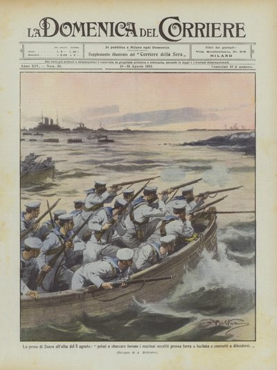 Die Einnahme von Zuara im Morgengrauen des 5. August, die ersten, die landeten, waren die Matrosen, die an Land angegriffen wurden von Achille Beltrame