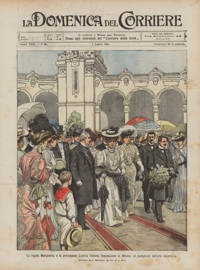 Königin Margherita und Prinzessin Laetitia besuchen die Ausstellung in Mailand, im Pavillon der dekorativen Kunst von Achille Beltrame