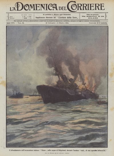 Die Versenkung des deutschen Kreuzers Mainz in den Gewässern von Helgoland während eines kühnen Überfalls von Achille Beltrame