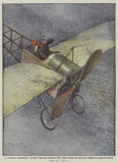 Die außergewöhnlichen Abenteuer, der Flieger Mauvaise wird während eines Fluges getroffen und stürzt ab von Achille Beltrame