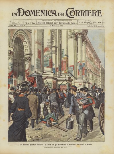 Die allgemeinen politischen Wahlen, der Kampf zwischen den Plakatklebern in Mailand von Achille Beltrame