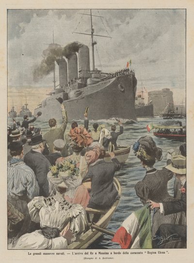 Die großen Marine-Manöver, die Ankunft des Königs in Messina an Bord des Schlachtschiffs Regina Elena von Achille Beltrame