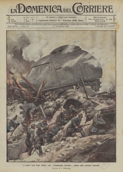 Die neuen Waffen der Alliierten, ein englisches Land-Dreadnought auf deutschen Positionen von Achille Beltrame
