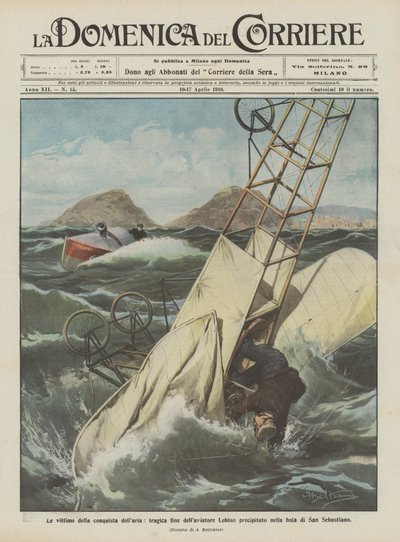 Die Opfer der Eroberung der Luft, tragisches Ende des Fliegers Leblon, der in die Bucht von San Sebastian stürzte von Achille Beltrame