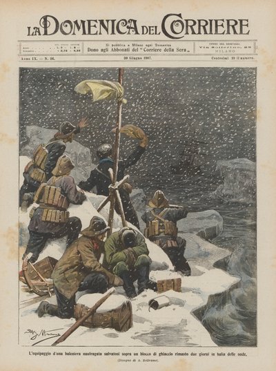 Die Besatzung eines gestrandeten Walfangschiffs rettet sich auf einem Eisblock und bleibt zwei Tage dort von Achille Beltrame