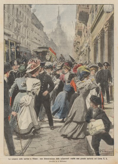 Der Streik der Näherinnen in Mailand, eine Demonstration der Streikenden gegen eine große Schneiderei am Corso V E von Achille Beltrame