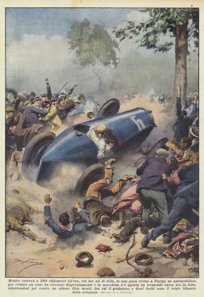 Während er mit 200 Kilometern pro Stunde zwischen zwei Menschenmengen in einem Rennen in der Nähe von Paris fuhr von Achille Beltrame