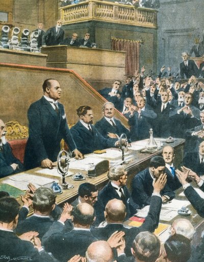 Mussolini verkündet dem Senat das Bündnis zwischen vier westlichen Mächten, Achille Beltrame aus La Domenica del Corriere, 7. Juni von Achille Beltrame