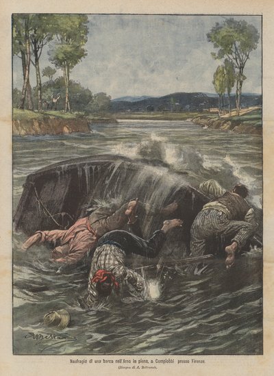 Schiffbruch eines Bootes im Hochwasser des Arno bei Compiobbi in der Nähe von Florenz von Achille Beltrame