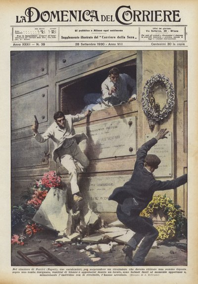 Auf dem Friedhof von Portici (Neapel), zwei Carabinieri, um einen Erpresser zu überraschen, der kommen sollte von Achille Beltrame