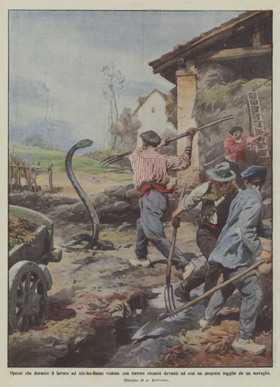 Arbeiter, die während der Arbeit in Aix-les-Bains mit Schrecken sehen, wie sich vor ihnen erhebt von Achille Beltrame