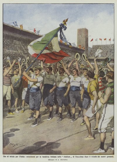 Stunden der Freude für Italien, Begeisterung für die italienische Flagge im Stadion von Stockholm von Achille Beltrame