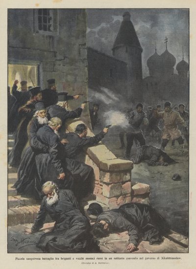 Kleines blutiges Gefecht zwischen Banditen und alten russischen Mönchen in einem einsamen Kloster von Achille Beltrame