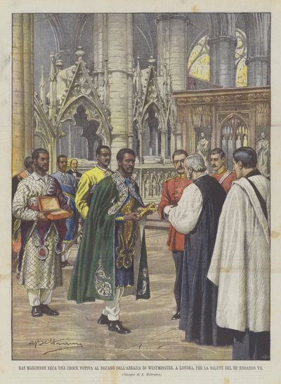 Ras Makonnen bringt ein Votivkreuz zum Dekan der Westminster Abbey in London für die Gesundheit von Achille Beltrame