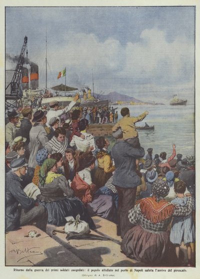 Rückkehr der ersten entlassenen Soldaten aus dem Krieg, das Volk drängt sich im Hafen von Neapel zur Begrüßung von Achille Beltrame