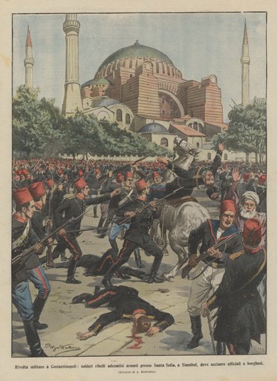 Militärischer Aufstand in Konstantinopel, bewaffnete rebellische Soldaten bei der Hagia Sophia in Stambul von Achille Beltrame