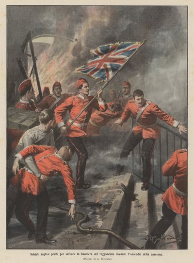 Englische Soldaten sterben, um die Regimentsfahne während des Kasernenbrands zu retten von Achille Beltrame