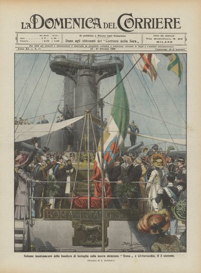 Feierliche Hissung der Schlachtflagge auf dem neuen Schlachtschiff Roma in Civitavecchia, am 3. dieses Monats von Achille Beltrame