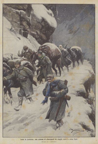 Im Schneesturm, eine Versorgungskolonne auf dem Weg zur Frontlinie von Achille Beltrame