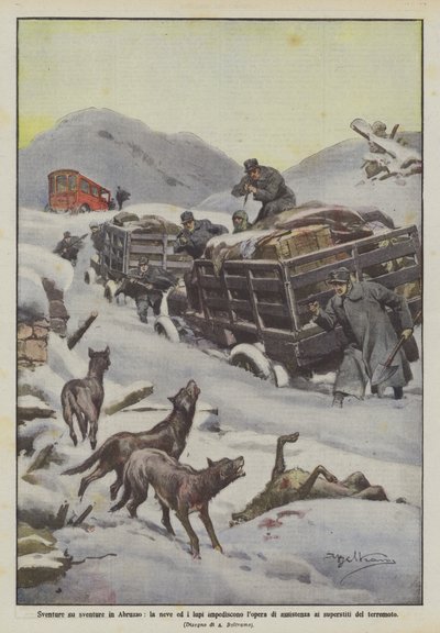 Unglücke in den Abruzzen, Schnee und Wölfe verhindern die Hilfeleistung für die Überlebenden des Erdbebens von Achille Beltrame