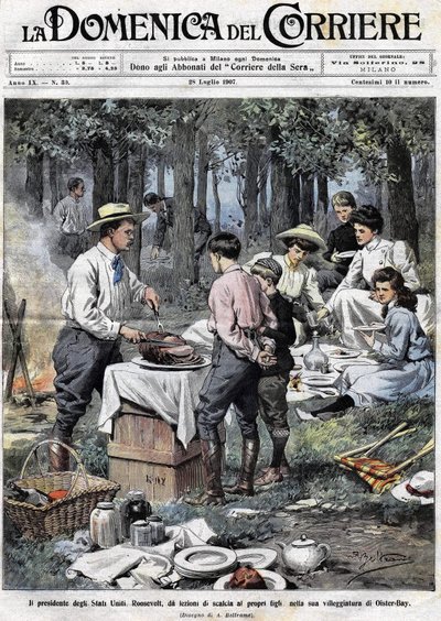 Der Präsident der Vereinigten Staaten Theodore Roosevelt (1858 - 1919) lehrte seine Söhne die Pflichten eines Mannes der guten Gesellschaft, indem er ihnen während eines Picknicks in seiner zweiten Residenz in Oister Bay das Bein abschnitt. Illustration vo von Achille Beltrame