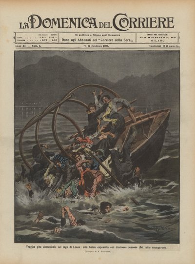 Tragischer Sonntagsausflug auf dem Comer See, ein Boot mit neunzehn Personen kentert und alle ertrinken von Achille Beltrame