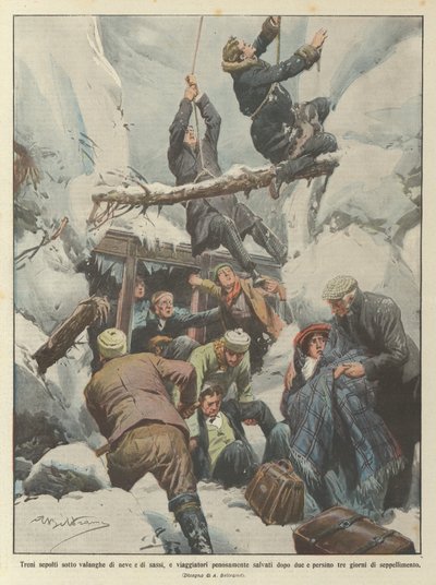 Züge unter Lawinen von Schnee und Steinen begraben, Reisende nach zwei Tagen mühsam gerettet von Achille Beltrame