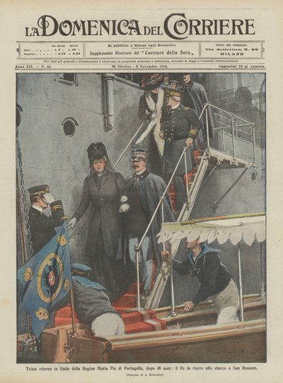 Traurige Rückkehr nach Italien der Königin Maria Pia von Portugal nach 48 Jahren, der König empfängt sie von Achille Beltrame
