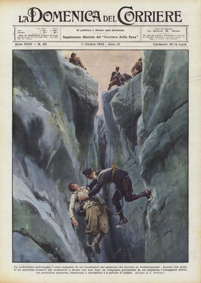 Eine waghalsige Rettung wurde von drei Carabinieri auf den Gletschern des Matterhorns in Valtournanche durchgeführt von Achille Beltrame