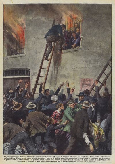 Ein heroisches Ereignis während des Kino-Brandes in Moriago di Treviso von Achille Beltrame