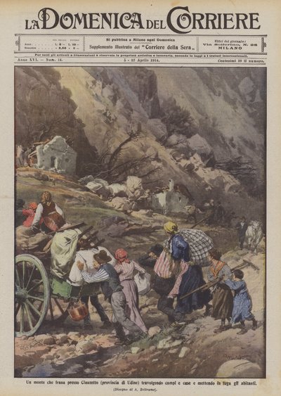 Ein Bergsturz bei Clauzetto (Provinz Udine), der Felder und Häuser mitreißt und die Bewohner in die Flucht schlägt von Achille Beltrame