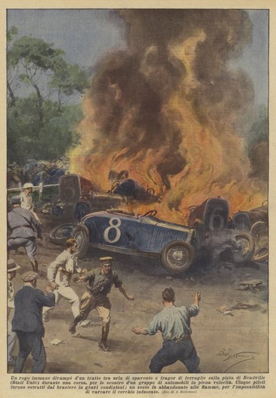 Ein gewaltiges Feuer brach plötzlich unter Schreien der Angst und dem Lärm von Metall auf der Strecke aus? von Achille Beltrame