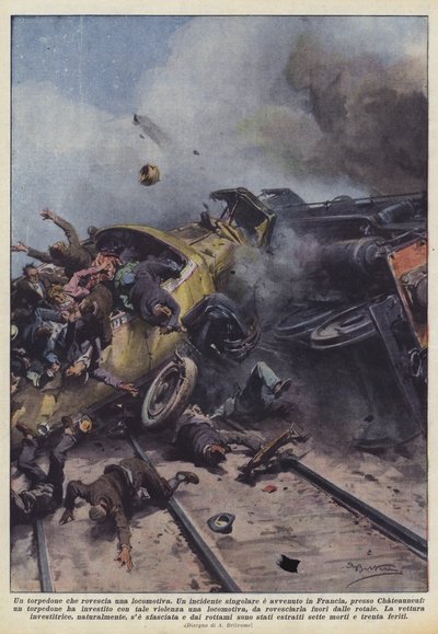 Ein Bus, der eine Lokomotive umstößt von Achille Beltrame