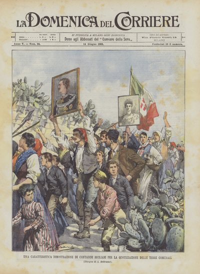 Eine charakteristische Demonstration sizilianischer Bauern für die Aufteilung der Gemeindeländereien von Achille Beltrame