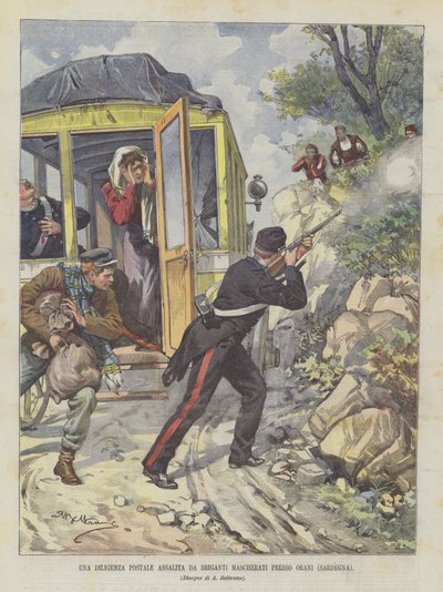 Ein Postkutsche von maskierten Banditen bei Orani (Sardinien) überfallen von Achille Beltrame