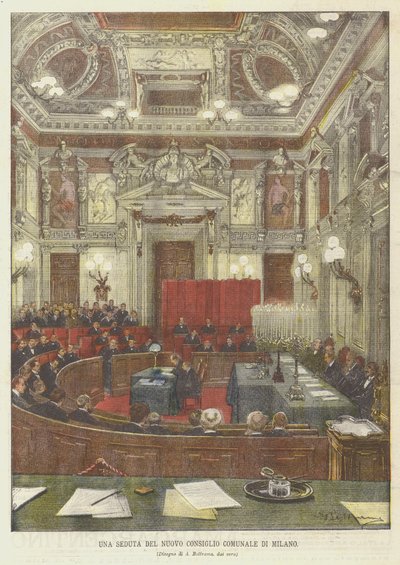 Eine Sitzung des neuen Gemeinderats von Mailand von Achille Beltrame