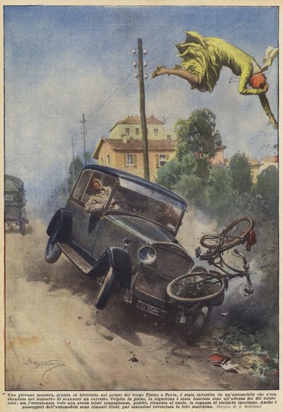 Eine junge Lehrerin, die mit dem Fahrrad in die Nähe des Dorfes Ticino in Pavia kam, wurde überfahren von Achille Beltrame