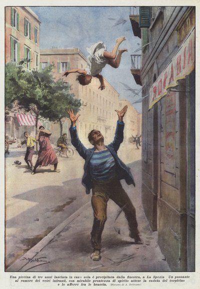 Ein dreijähriges Mädchen, das allein zu Hause gelassen wurde, stürzte aus dem Fenster in La Spezia von Achille Beltrame