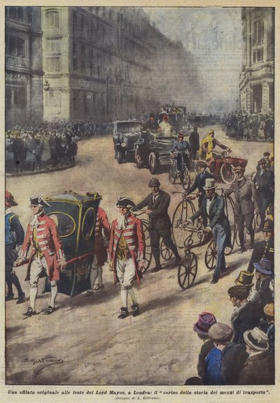 Eine originelle Parade bei den Festen des Lord Mayor in London, der Umzug der Geschichte der Transportmittel von Achille Beltrame