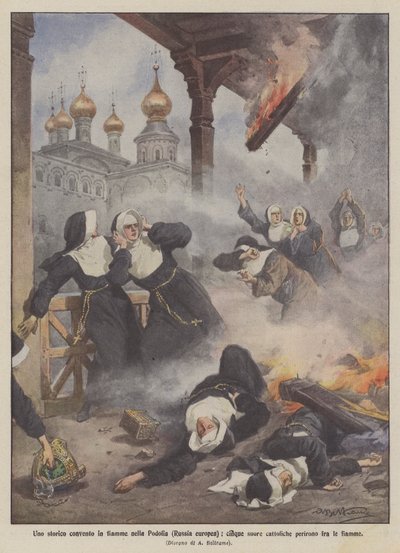 Ein historisches Kloster in Flammen in Podolien (europäisches Russland), fünf katholische Nonnen starben in den Flammen von Achille Beltrame