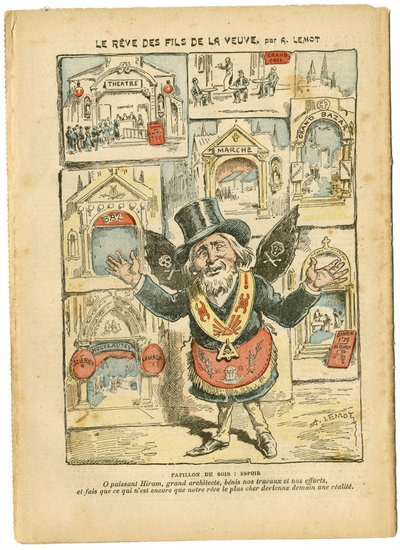Illustration von Achille Lemot (1846-1909) in Le Pelerin, 23/09/06 - Der Traum der Söhne der Witwe - Antimilitarismus, Religion Glaube, Kirchen Kathedralen, Katholizismus - Laizisierung des religiösen Raums, Laizisierung Laizität Laizitätsgesetze - Hiram von Achille Lemot