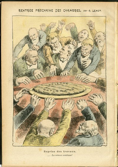 Illustration von Achille Lemot (1846-1909) in Le Pelerin, 03/06/06 - Nächste Vermietung der Kammern - Antiparlamentarismus, Kammer der Deputierten Hemicycle, Galette des rois - Abgeordneter von Achille Lemot