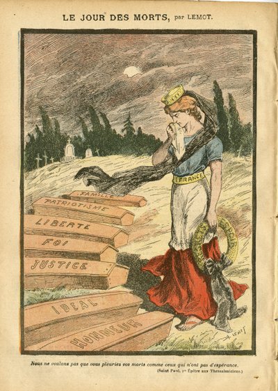 Illustration von Achille Lemot (1846-1909) in Le Pelerin, 03/11/07 - Der Tag der Toten - Gerechtigkeit Prozess, Religion Glaube, Freiheit, Frankreich, Dreifarbige Flagge, Patriotismus, Trauer Beerdigung, Ehre, Sarg - Marianne - Tod, Religiöse Metapher von Achille Lemot