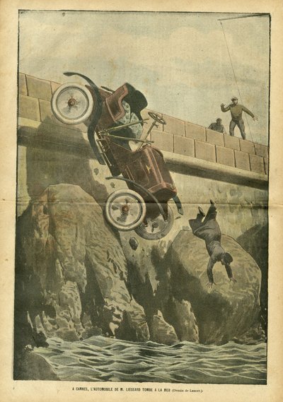 Illustration von Achille Lemot in Le Pelerin, 05/05/07 - In Cannes fällt das Auto von Herrn Liegard ins Meer - Verschiedene Fakten, Automobil, Marine Küste, Unfälle Katastrophen von Achille Lemot
