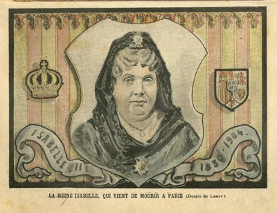 Illustration von Achille Lemot (1846-1909) in Le Pelerin, 24/04/04 - Königin Isabelle, die gerade in Paris gestorben ist - Paris, Spanien, Monarchie, ausländische Souveränität - Isabella II. von Spanien (1830-1904) von Achille Lemot
