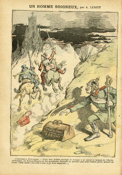 Illustration von Achille Lemot (1846-1909) in Le Pelerin, 28/05/05 - Ein vorsichtiger Mann - Antiklerikalismus, Sozial, Kolonisation, Freimaurerei, Orient, Religion, Glaube, Linker Block, Sozialismus, Protektorat des östlichen Katholizismus, Katholische Ki von Achille Lemot