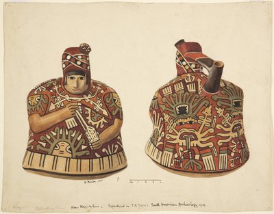 Behälter mit einer menschlichen Figur auf einer Seite und einem Ausguss hinter dem Kopf, aus Nazca, Peru von Adela Breton