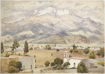 Dorf im Vordergrund und Berge dahinter von Adela Breton