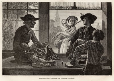 Ein Schneider und sein Lehrling, die am Fenster arbeiten, um das Licht und das Schauspiel der Passanten auf der Straße zu genießen, in Rilland (Süd-Beveland), Gravur nach der Zeichnung von Adolf Dillens, zur Illustration einer Reise nach Zeeland (Niederla von Adolf Alexander Dillens